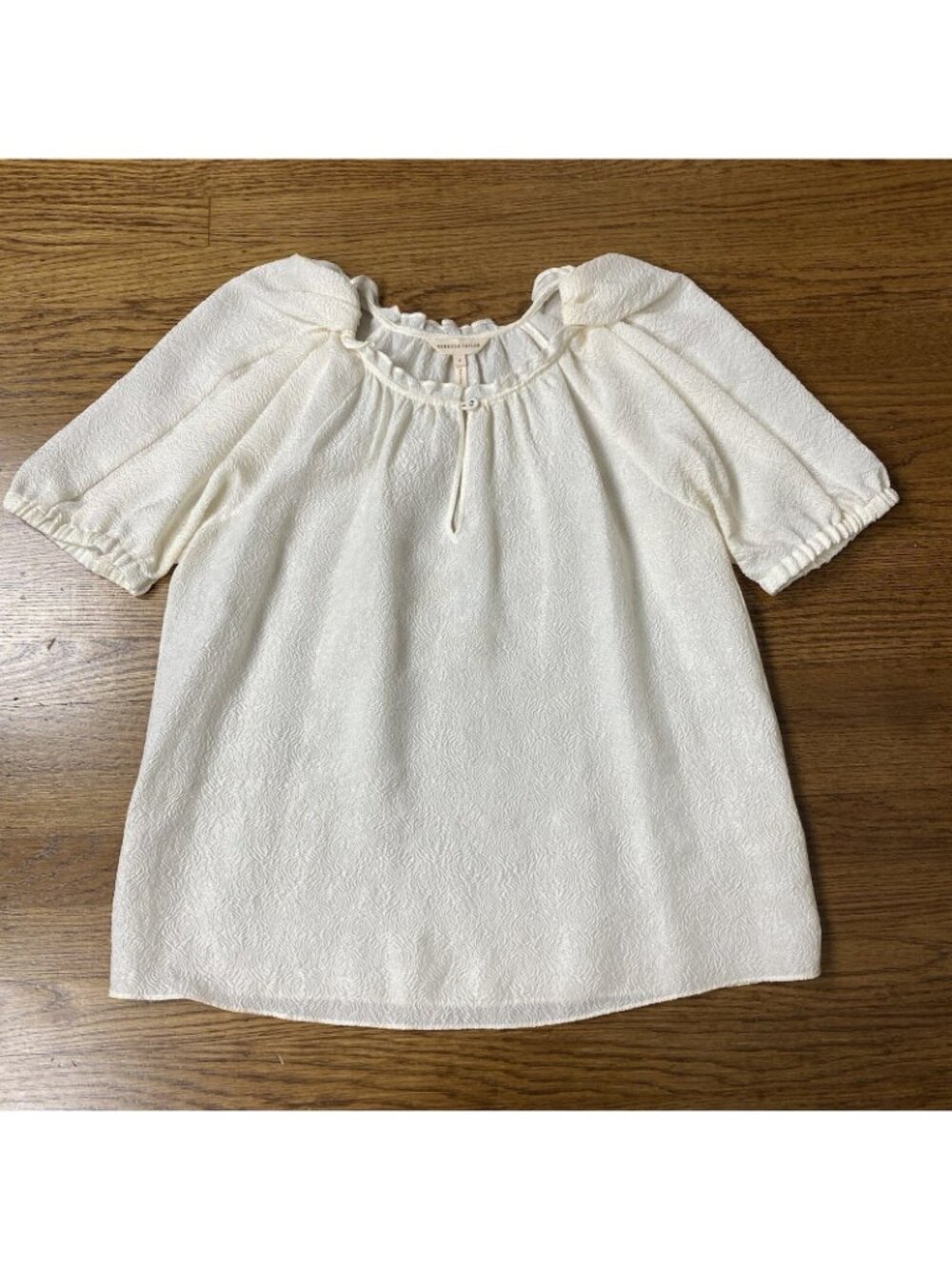 Rebecca Taylor Blouse 4 Textured Rose Silk Cloque Puff Sleeve Ruffle Ivory - Picture 2 of 11